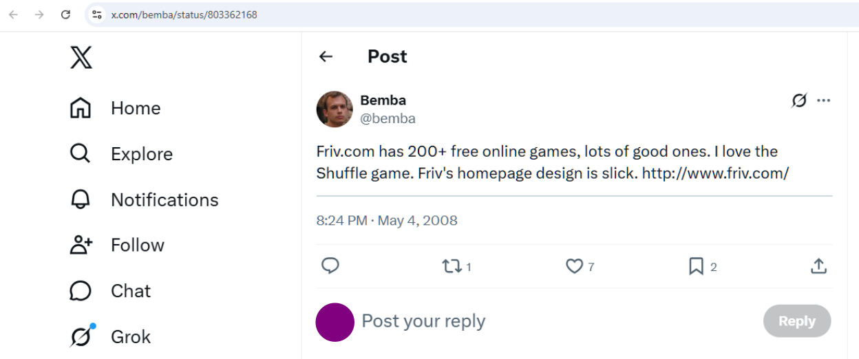 Probably the first ever Tweet / X mentioning friv.com